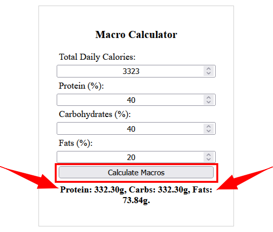 Ultimate Macro Calculator Snapshot with red arrows